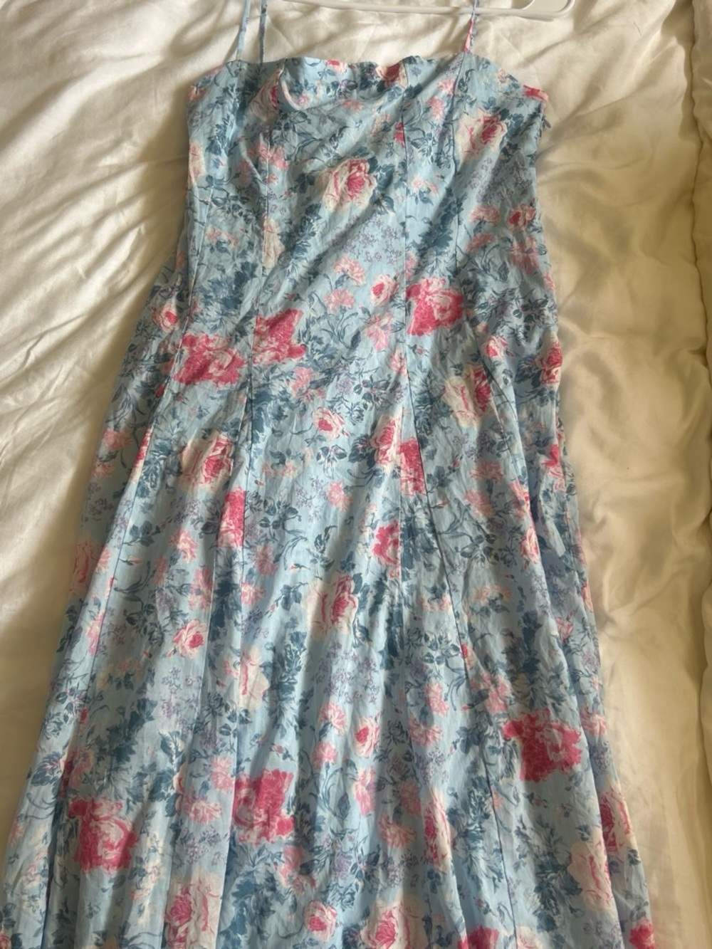 Wayf Light Blue Strapless Floral Dress with Pink Roses